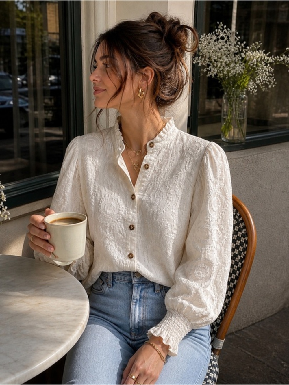 Buru Cream Embroidered Mock Neck Blouse Puff Sleeve Romantic Cottagecore Top S